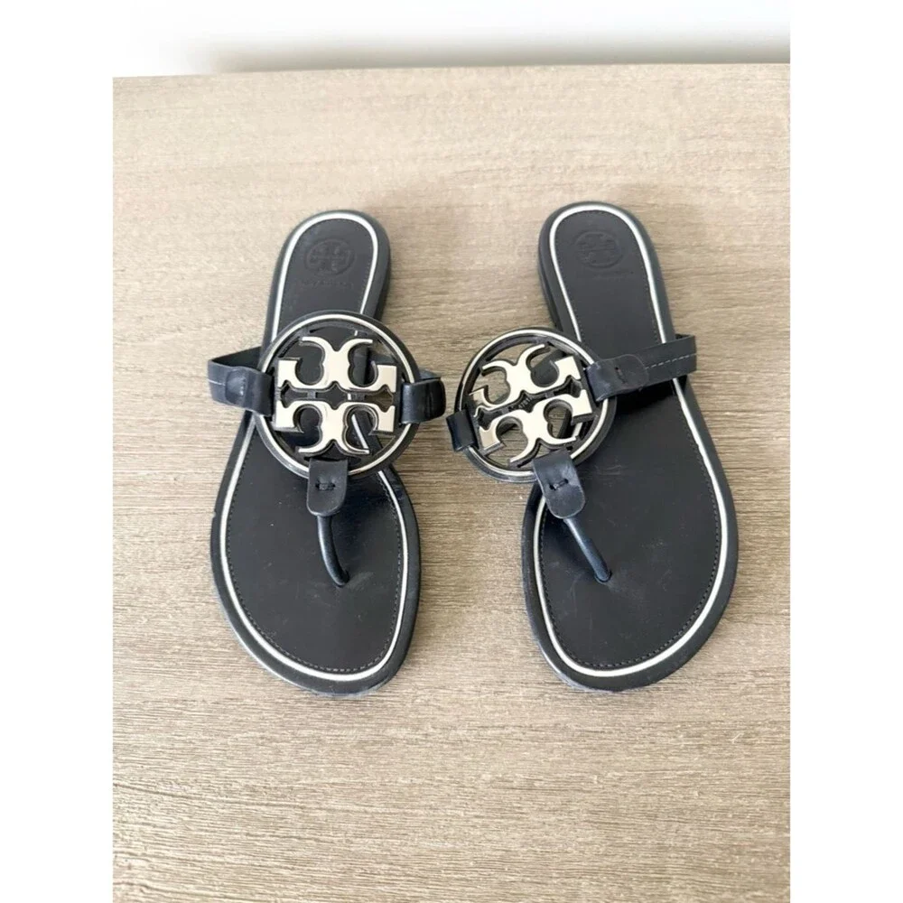 Tory Burch Navy & Silver Miller Logo Thong Sandals Size 6.5 EUC